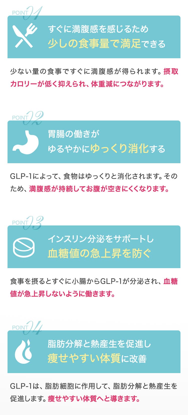 少しの食事量で満足できる／胃腸の働きがゆるやかにゆっくり消化する／インスリン分泌をサポートし血糖値の急上昇を防ぐ／脂肪分解と熱産生を促進し痩せやすい来室に改善