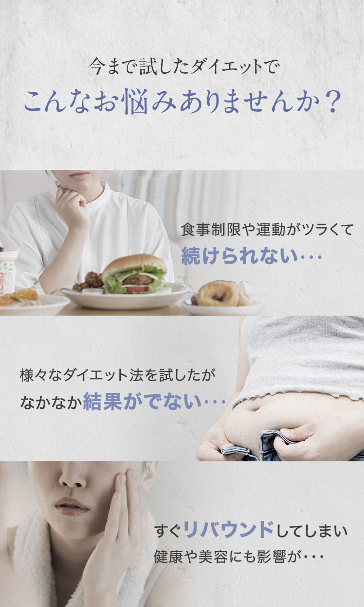 今まで試したダイエットでこんなお悩みはありませんか？／ツラくて続けられない／なかなか結果がでない／すぐリバウンド